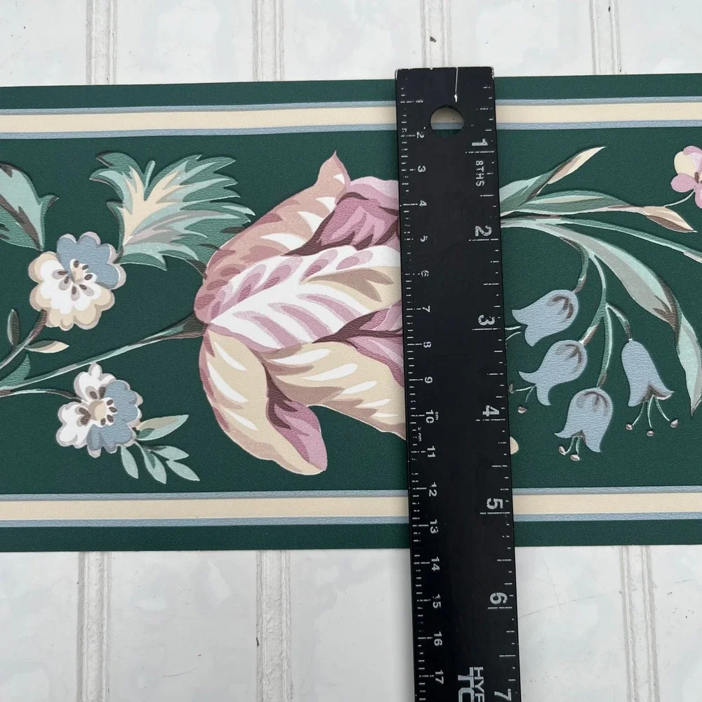 Vtg Sanitas Floral Wallpaper Border Hunter Green Pink Rose Vinyl 15